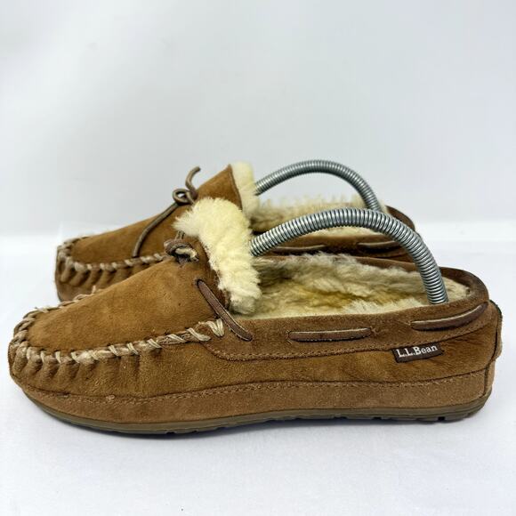 L.L. Bean Women’s Moccasin Slippers Shearling Suede Brown Size 8 Medium - Picture 5 of 10